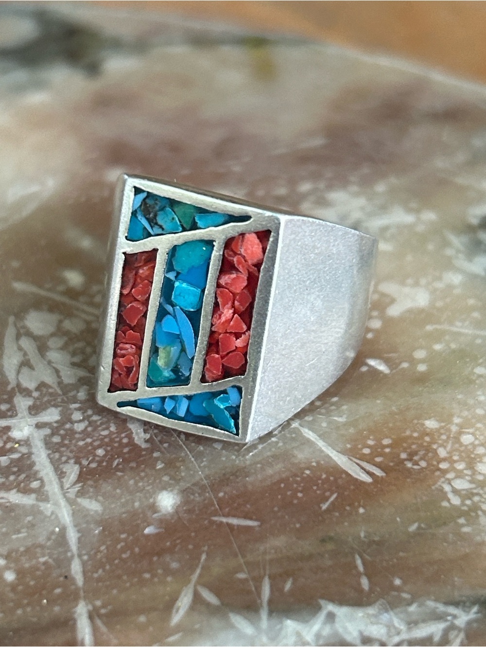 Vintage Turquoise & Coral Chip Inlay Ring